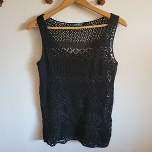 Ralph Lauren Crochet Knit Tank Top Swim Cover-up Black Medium